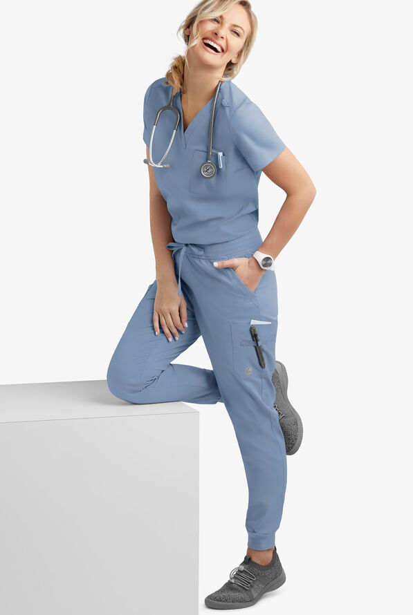 Butter-Soft STRETCH Women's 2-Pocket V-Neck Tuck-In Scrub Top - Indigo Batik - 2