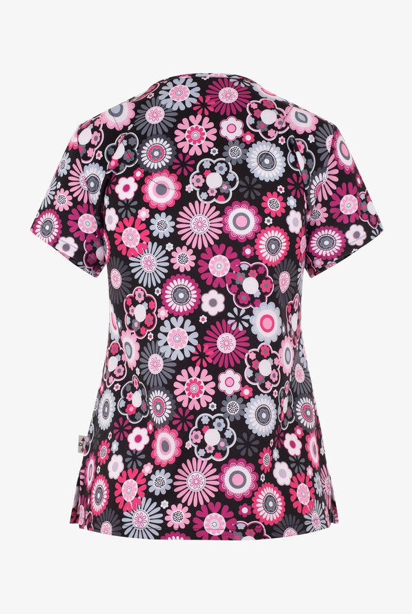 Zavate Ava Therese Pink Energy Floral Women's 2-Pocket STRETCH V-Neck Print Scrub Top - null - 2