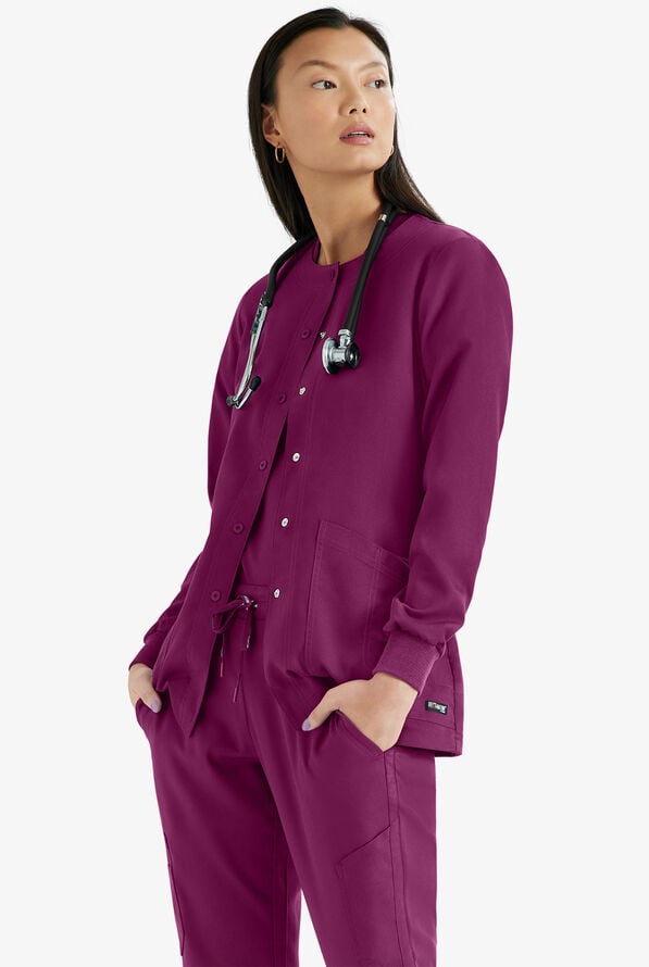 Grey's Anatomy by Barco Women's 4-Pocket Round Neck Warm-Up Scrub Jacket - Wine - 2