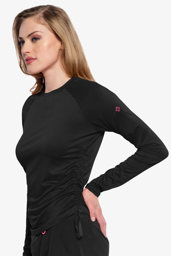 Med Couture Layers Women's STRETCH Ruched Long Sleeve Round Neck Knit Underscrub - Black - 3