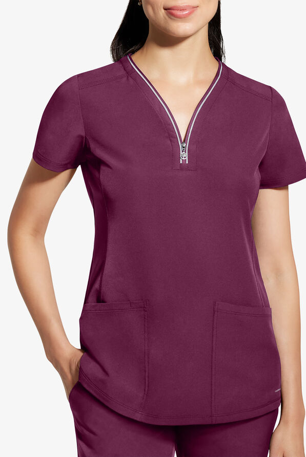 Healing Hands 360 Sonia Women's 3-Pocket STRETCH Reflective Y-Neck Zip Scrub Top - Wine - 2