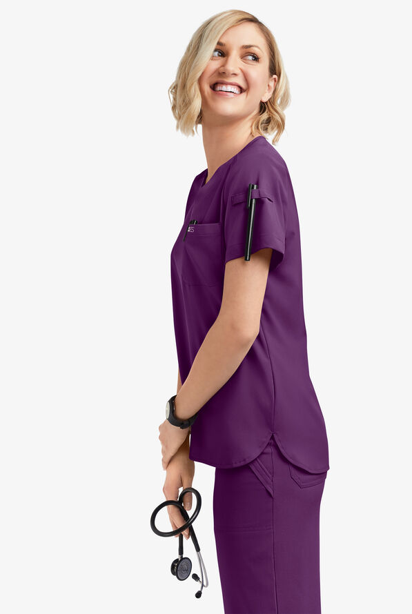 Easy STRETCH Nikki Women's 1-Pocket Scallop Neck Tuck-In Scrub Top - Eggplant - 2