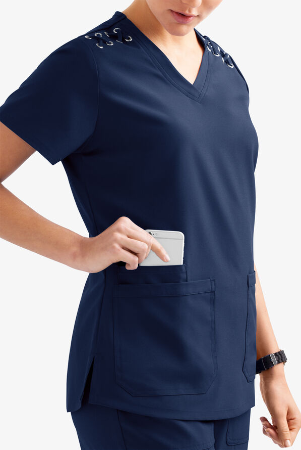 Blusa m&eacute;dica Easy STRETCH Leila con ojales con lazos y 3 bolsillos para mujer - Navy - 3