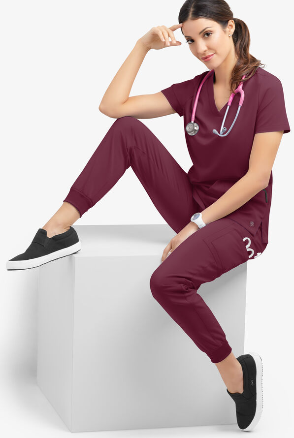Easy STRETCH Mila Women's 7-Pocket Jogger Scrub Pants - Wine - 2