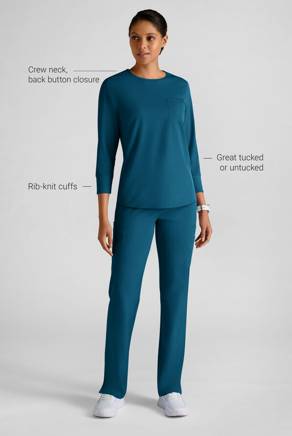 WhisperLite LYRA Women's 2-Pocket STRETCH 3/4" Sleeve Scrub Top - Caribbean Blue - 3