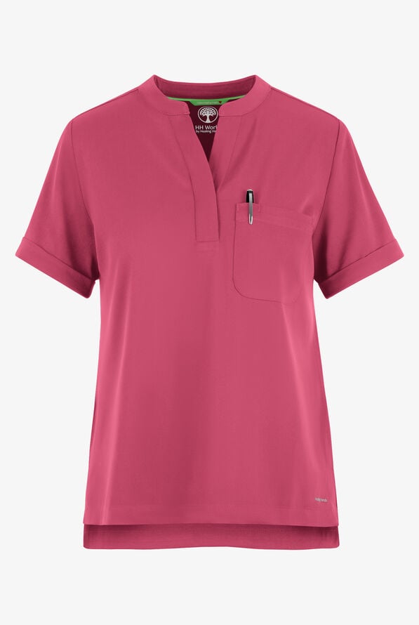 HH Works by Healing Hands Macy Women's 1-Pocket STRETCH Mandarin Collar Tuck In Scrub Top - Cherry Wine - 1