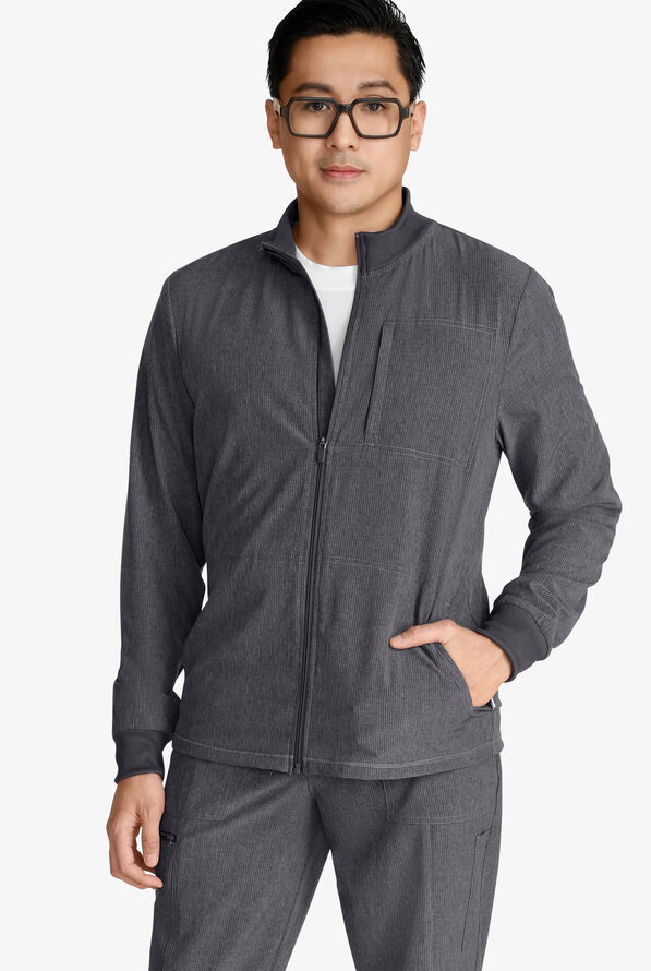 Cherokee Men's 3Pocket STRETCH RibKnit Collar Zip Front Scrub Jacket