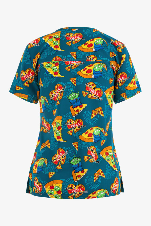Tooniforms Pixar's Toy Story Pizza My Heart Alien Women's 2-Pocket STRETCH V-Neck Print Scrub Top - null - 2