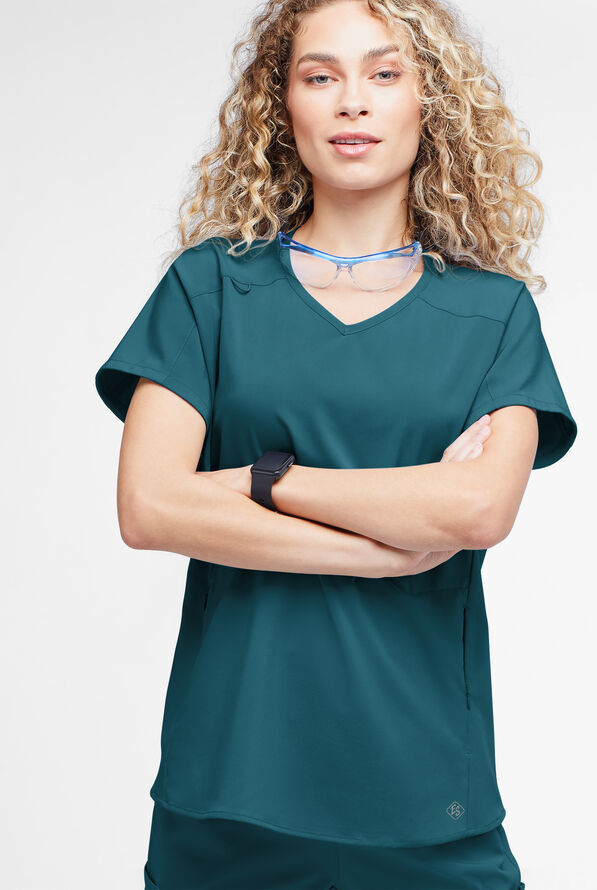 Easy STRETCH Sierra Women's Oversized 2 Pocket V-Neck Scrub Top - Caribbean Blue - 2