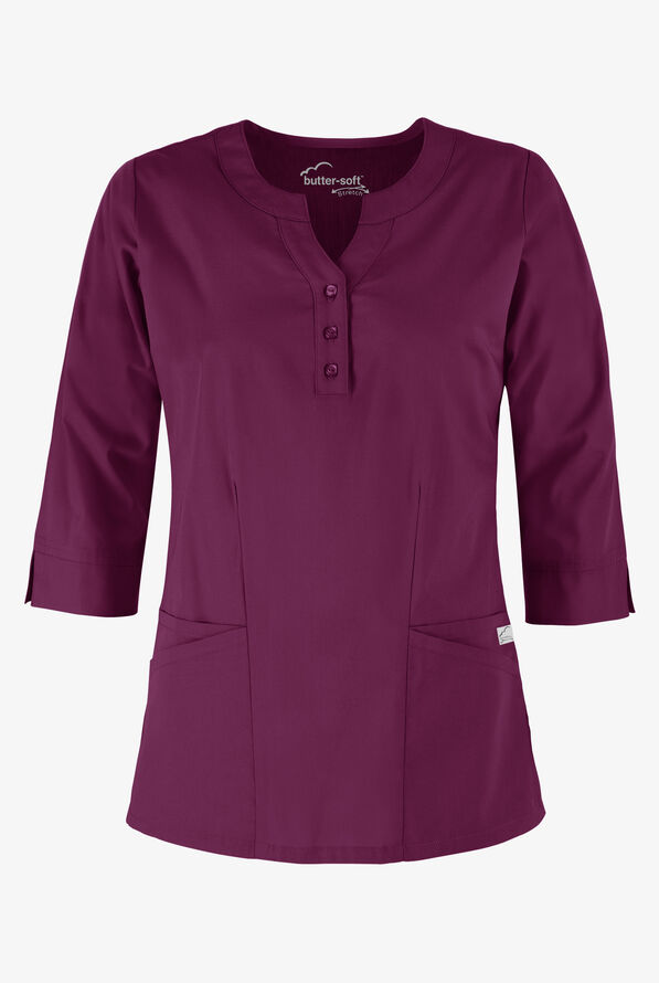 Butter-Soft STRETCH Women's 4-Pocket 3/4" Sleeve Round Neck Scrub Top - Wine - 1