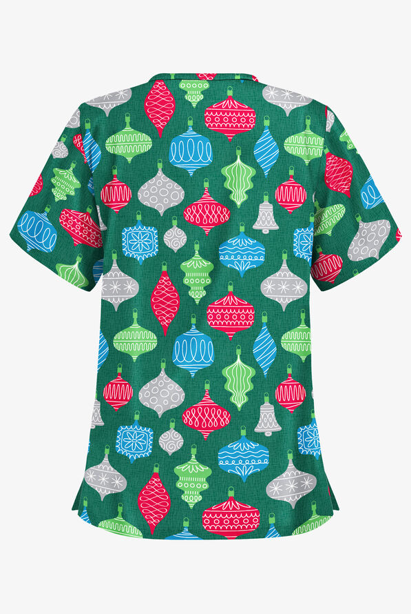 Butter-Soft Festive Ornaments Hunter Women's 2-Pocket Relaxed Fit V-Neck Print Scrub Top - null - 2