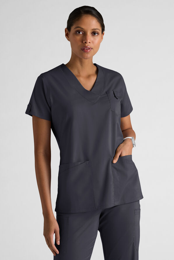 Butter-Soft STRETCH Women's 6-Pocket V-Neck Scrub Top - Pewter - 1