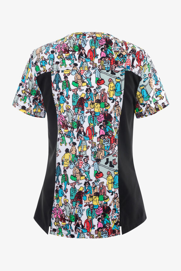 Tooniforms Where's Waldo? Women's 2-Pocket STRETCH V-Neck Print Scrub Top - null - 2