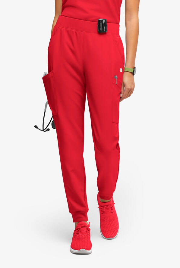 ReSurge Amber Women's Modern 7-Pocket Flat Front Slim Leg Jogger Scrub Pants - Petite - Atomic Red - 1