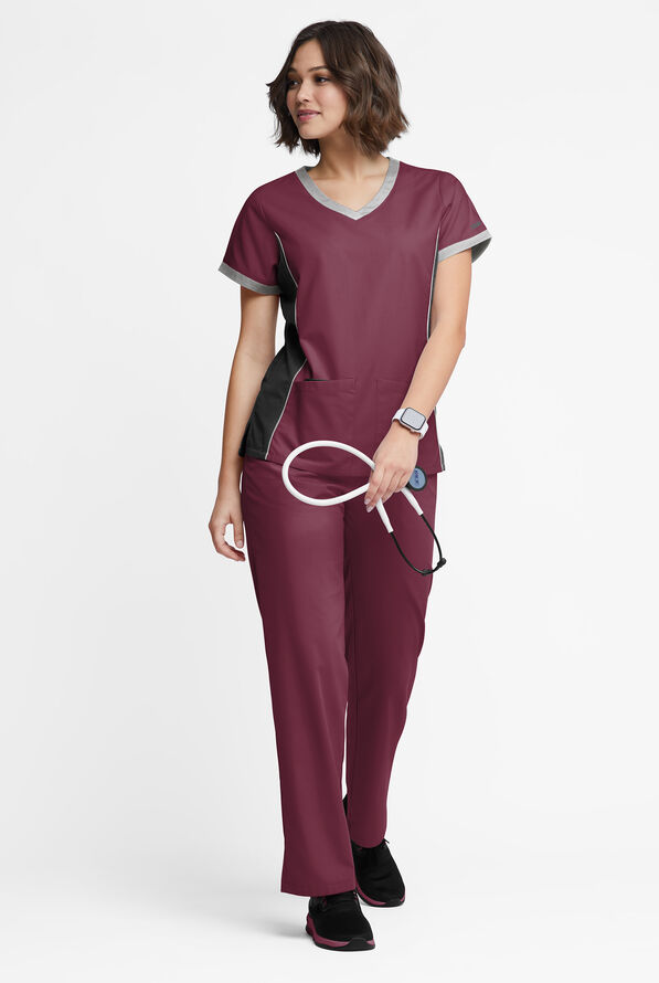 Blusa médica Butter-Soft Originals Tri-Colorblock con cuello en V y 4 bolsillos para mujer - Wine/Black/Silver - 4