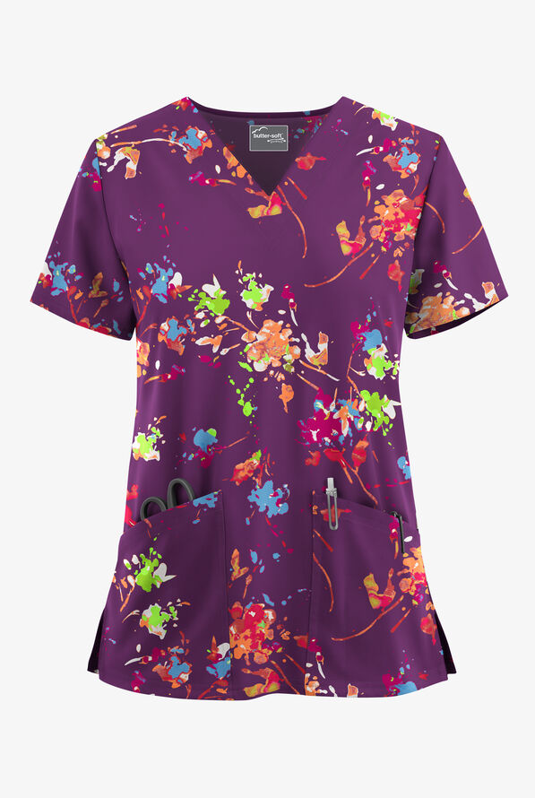 Butter-Soft STRETCH Floral Splash Eggplant Women's 2-Pocket V-Neck Print Scrub Top - null - 1