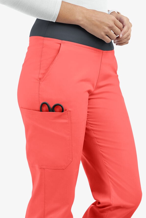 Butter-Soft STRETCH Women's 4-Pocket Knit Waistband Yoga Scrub Pants - Canyon Coral/Pewter - 4