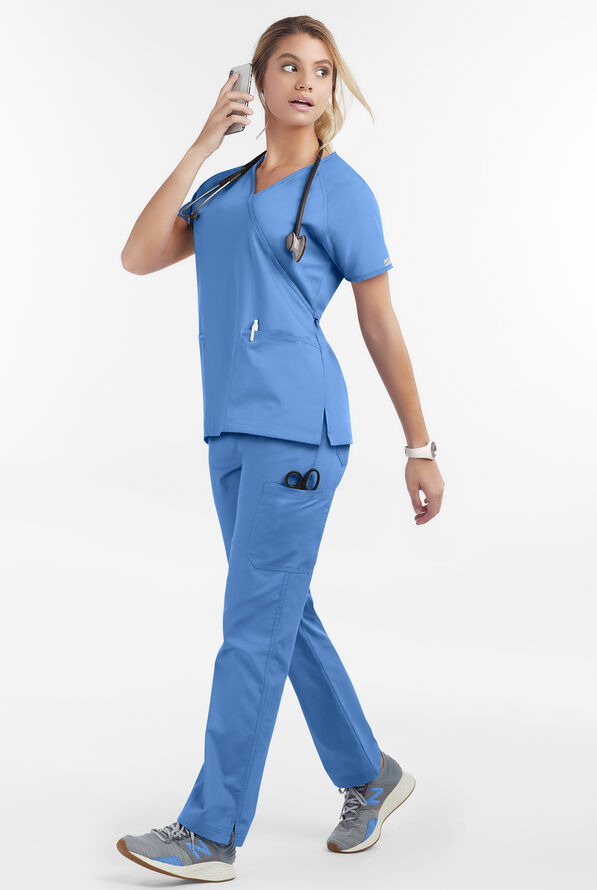 Butter-Soft Core Women's 2-Pocket Solid Mock Wrap Scrub Top - Ceil Blue - 2