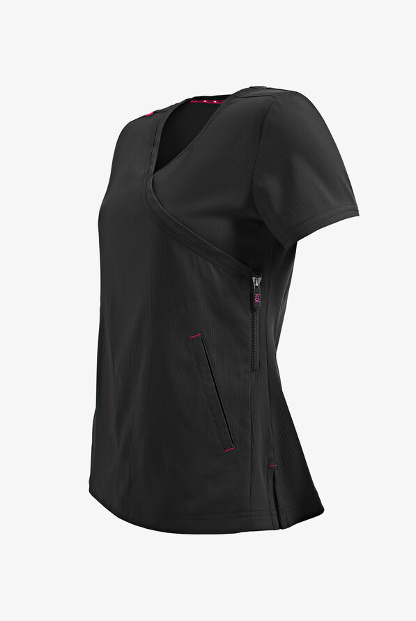 koi Lite™ Philosophy Women's 3-Pocket Mock Wrap Side Zipper Scrub Top - Black - 3
