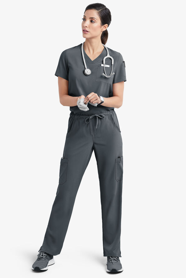 Easy STRETCH Chloe Women's 3-Pocket V-Neck Tuck-In Scrub Top - Pewter - 2