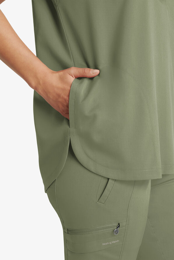 Healing Hands Purple Label Journey Women's 2-Pocket STRETCH Dolman Sleeve Mandarin Collar Scrub Top - Olive - 4