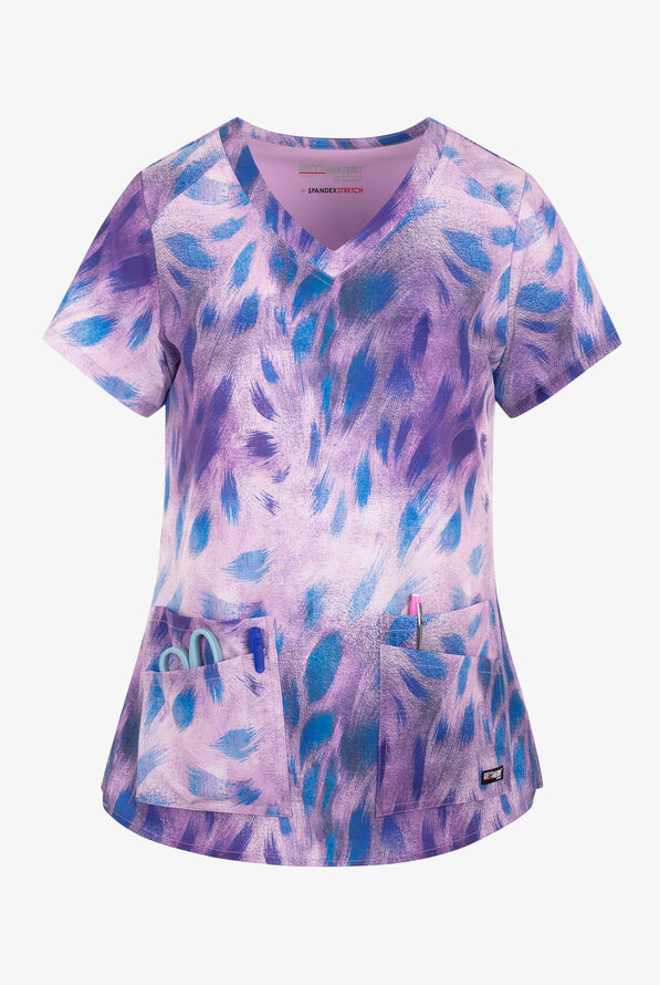 Grey's Anatomy Spandex STRETCH Electric Peacock Women's 4-Pocket V-Neck Print Scrub Top - null - 1