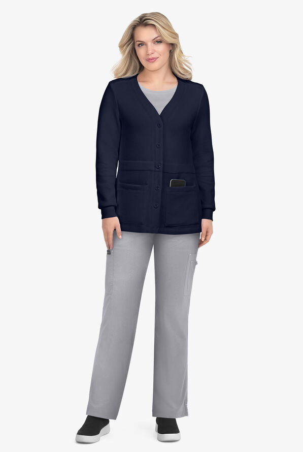 koi Essentials Clarrisa Women's 2-Pocket STRETCH Button Front V-Neck Scrub Cardigan - Navy - 3