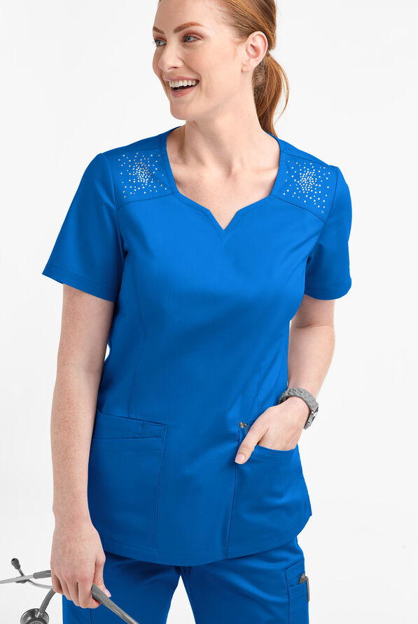 Butter-Soft STRETCH Women's 6-Pocket Crystal Bling Scrub Top - Royal - 2