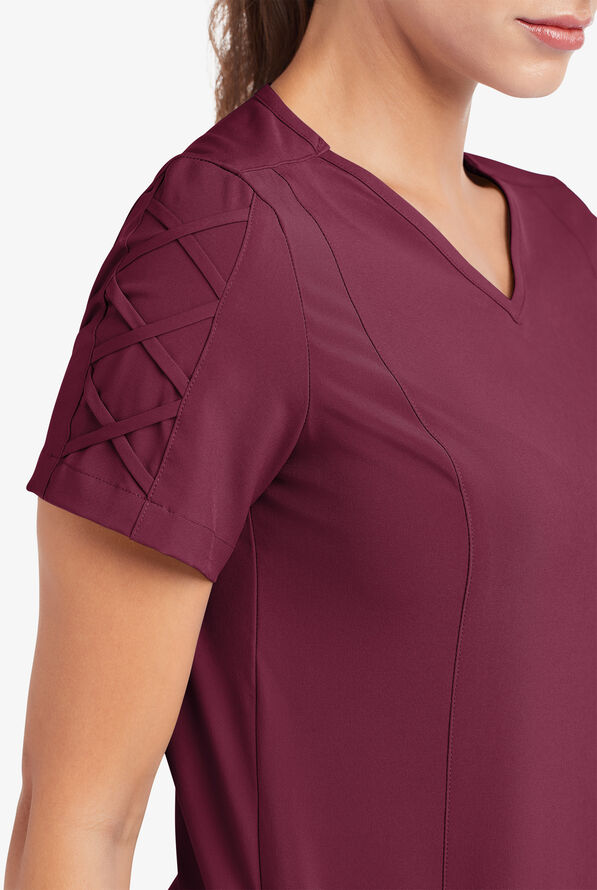 Easy STRETCH Kylie Woman's 5 Pocket V-Neck With Criss-Cross Detail Scrub Top - Wine - 6