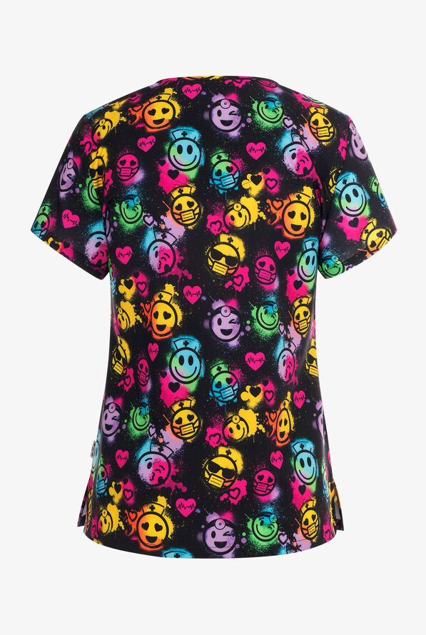 Zavate Ava Therese Happy Healing Women's 2-Pocket STRETCH V-Neck Print Scrub Top - null - 2
