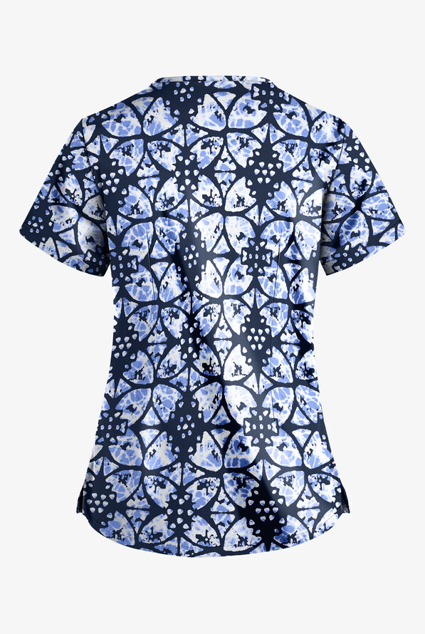 Butter-Soft STRETCH Desert Rose Navy Women's 4-Pocket Large Grommet Print Scrub Top - null - 2