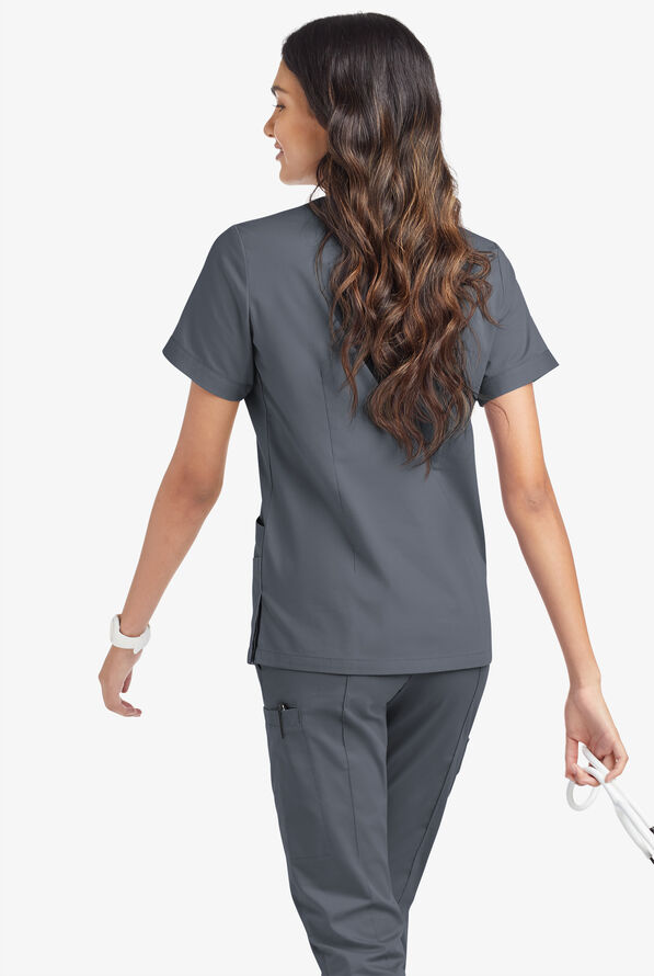 Butter-Soft STRETCH Women's 5-Pocket Short Sleeve V-Neck with Sport Trim Detail Scrub Top - Pewter - 4
