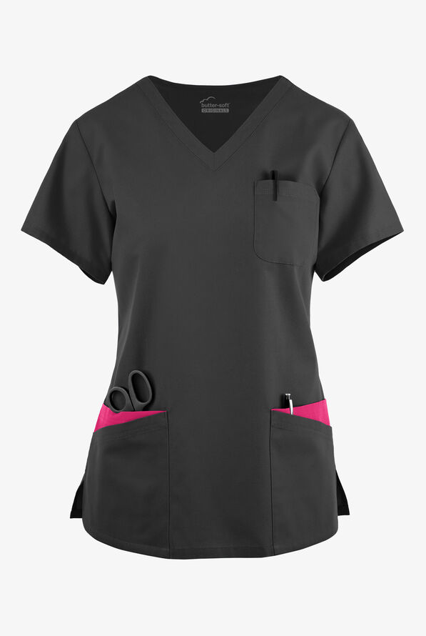 Butter-Soft Originals Women's 7-Pocket Rounded V-Neck Scrub Top - Black/Fuchsia - 1
