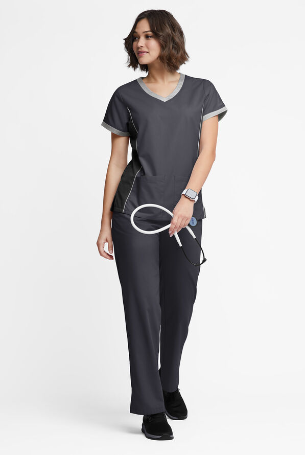 Blusa m&eacute;dica Butter-Soft Originals Tri-Colorblock con cuello en V y 4 bolsillos para mujer - Pewter/Black/Silver - 4