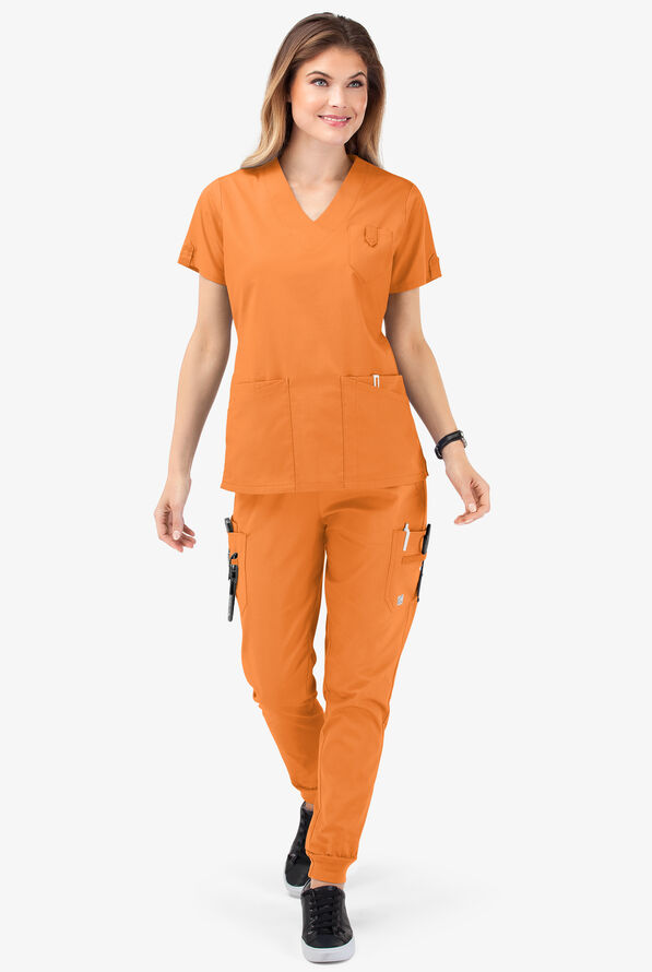 Butter-Soft STRETCH Women's 6-Pocket V-Neck Scrub Top - Apricot Crush - 2