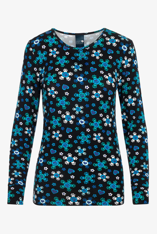 Zoe & Chloe Fur-Fetti Hearts & Paws Women's STRETCH  Long Sleeve Knit Print Underscrub - null - 1