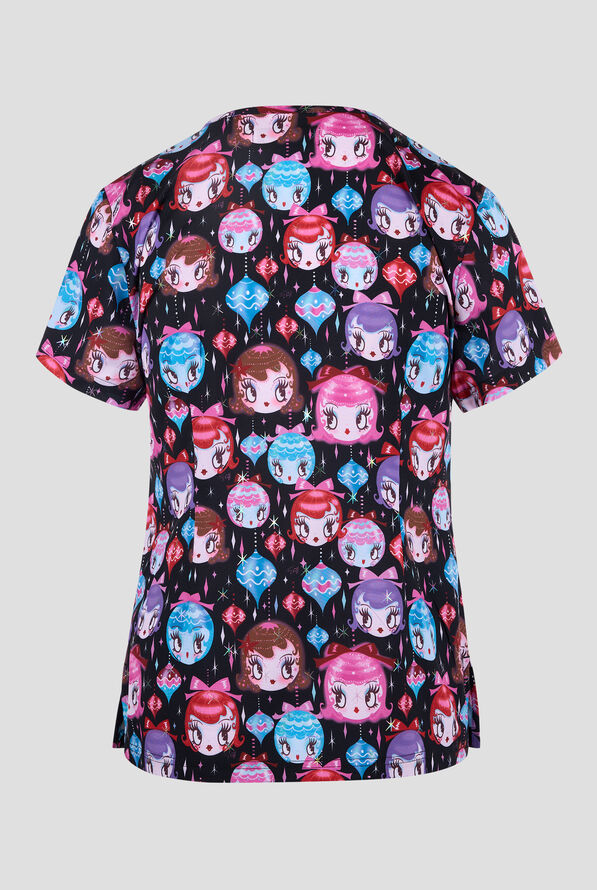 koi Lite Dolly Ornaments Women's 2-Pocket V-Neck Print Scrub Top - null - 2