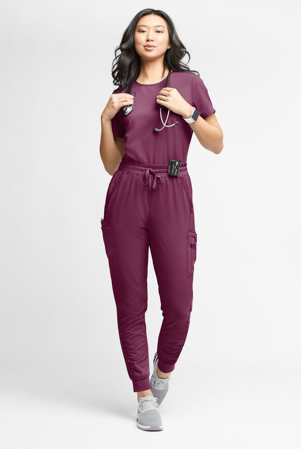WhisperLite Calla Women's 6-Pocket Ruched Leg Cargo Scrub Pants - Wine - 2