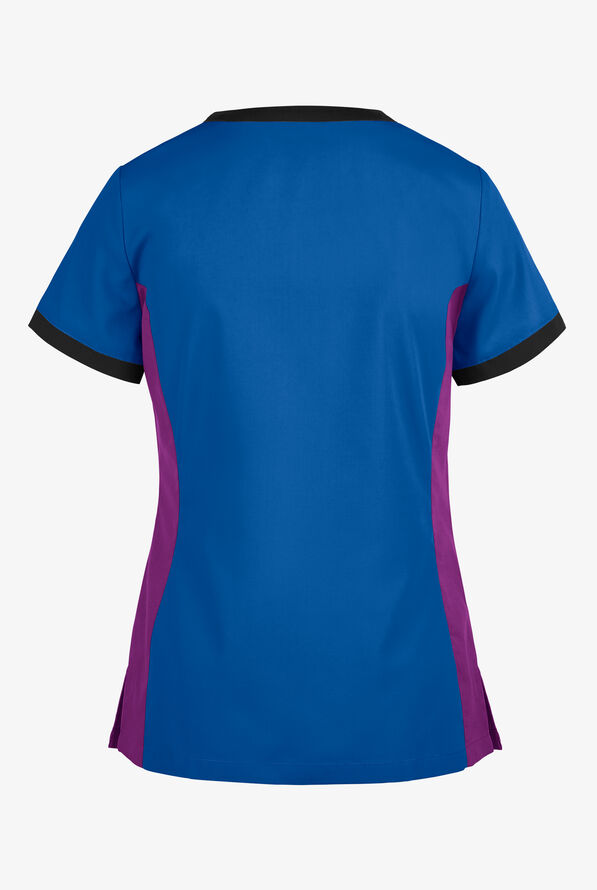 Butter-Soft Core Women's 4-Pocket Color Block V-Neck Scrub Top - Royal/Berry Burst/Black - 2