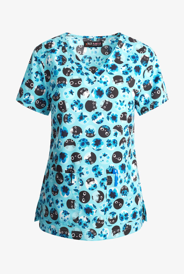 koi Basics Blue Flower Cat Women's 2-Pocket STRETCH V-Neck Print Scrub Top - null - 1