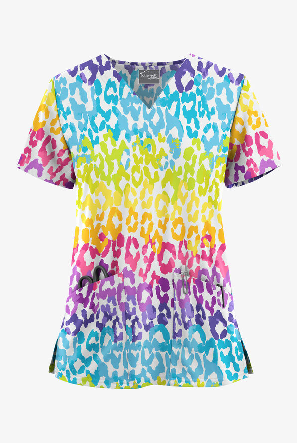 Blusa médica estampada Butter-Soft STRETCH Wild Pride con cuello en V y 2 bolsillos para mujer - null - 1