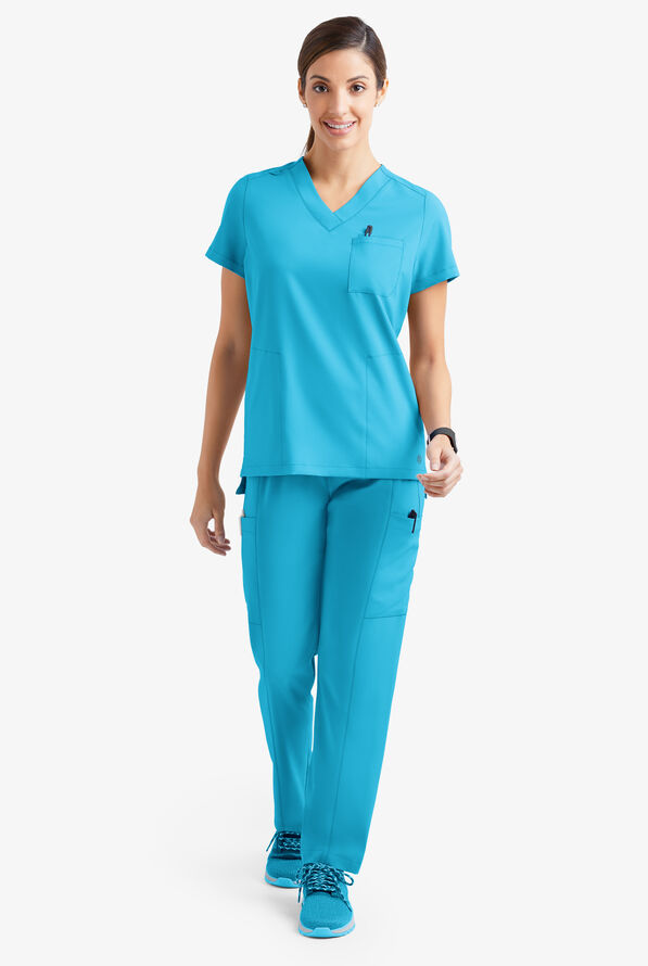 Easy STRETCH Taylor Women's 3-Pocket High Low Hem V-Neck Scrub Top - Turquoise - 2