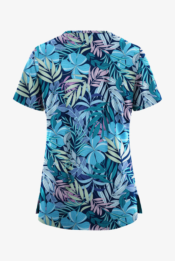 Butter-Soft STRETCH Tropical Mix Navy Women's 3-Pocket  Sport Trim V-Neck Print Scrub Top - null - 2