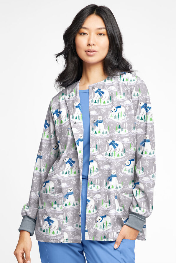 Butter-Soft Polar Holiday Silver Women's 2-Pocket Warm-Up Print Scrub Jacket - null - 2