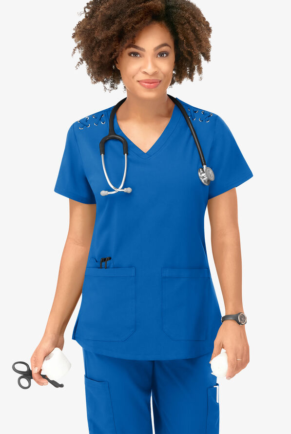 Blusa m&eacute;dica Easy STRETCH Leila con ojales con lazos y 3 bolsillos para mujer - Royal - 5