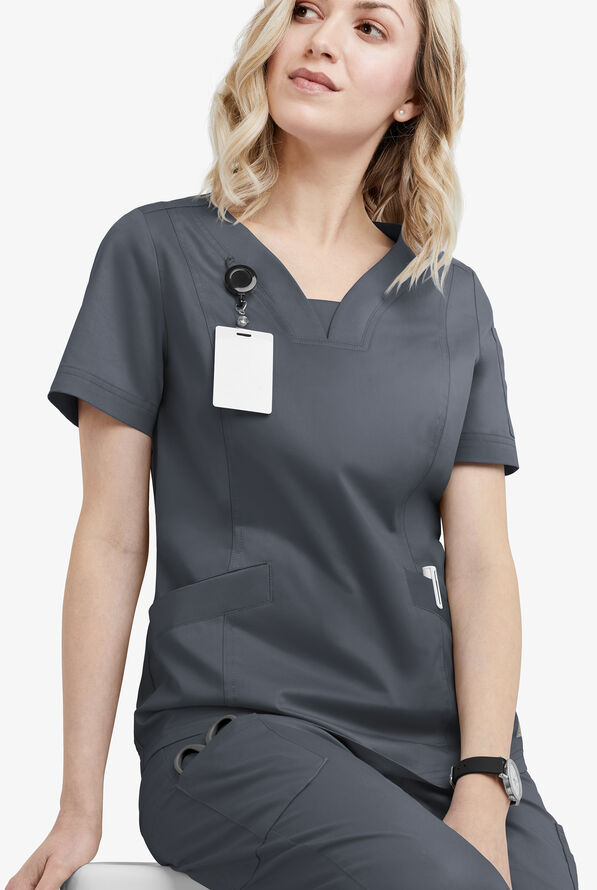 Butter-Soft STRETCH Women's 4-Pocket Feminine Curved V-Neck Scrub Top - Pewter - 4