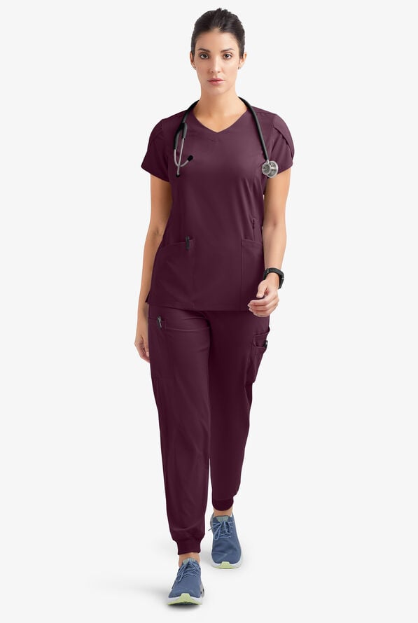 Easy STRETCH Daisy Women's 4-Pocket V-Neck Scrub Top with Petal Sleeves - Dark Mulberry - 2