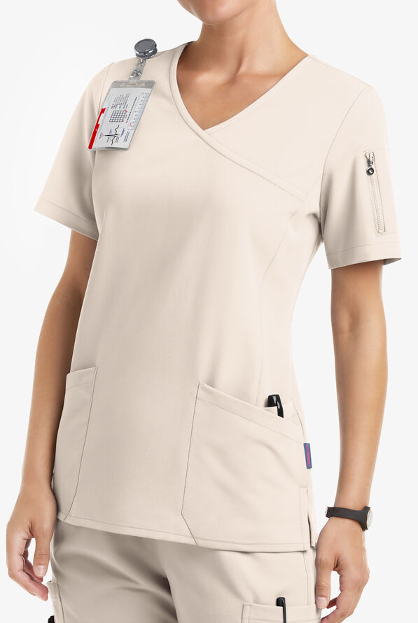 MOVEMENT by Butter-Soft Capella Women's 5-Pocket Faux Wrap STRETCH Scrub Top - Khaki Shale - 2