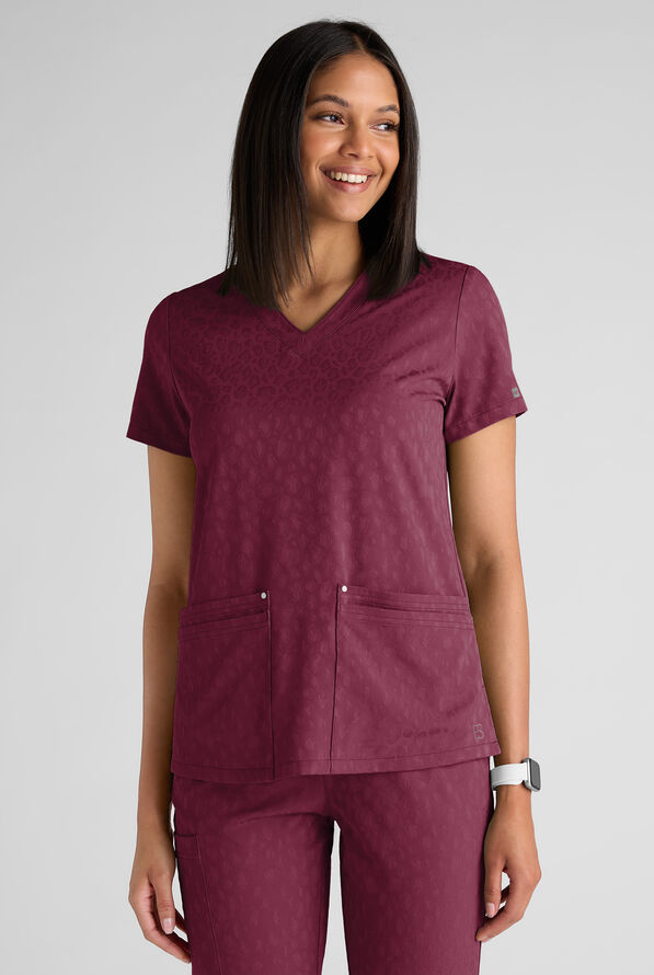 Easy STRETCH Lina Women's Jacquard 4-Pocket V-Neck Scrub Top - Wine - 1