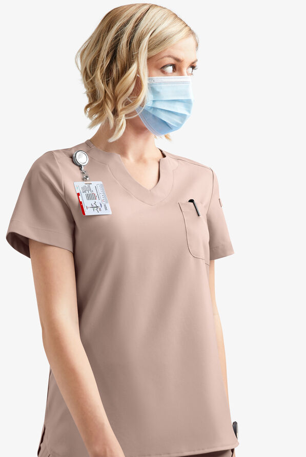 Easy STRETCH Nikki Women's 1-Pocket Scallop Neck Tuck-In Scrub Top - Mocha Meringue - 7